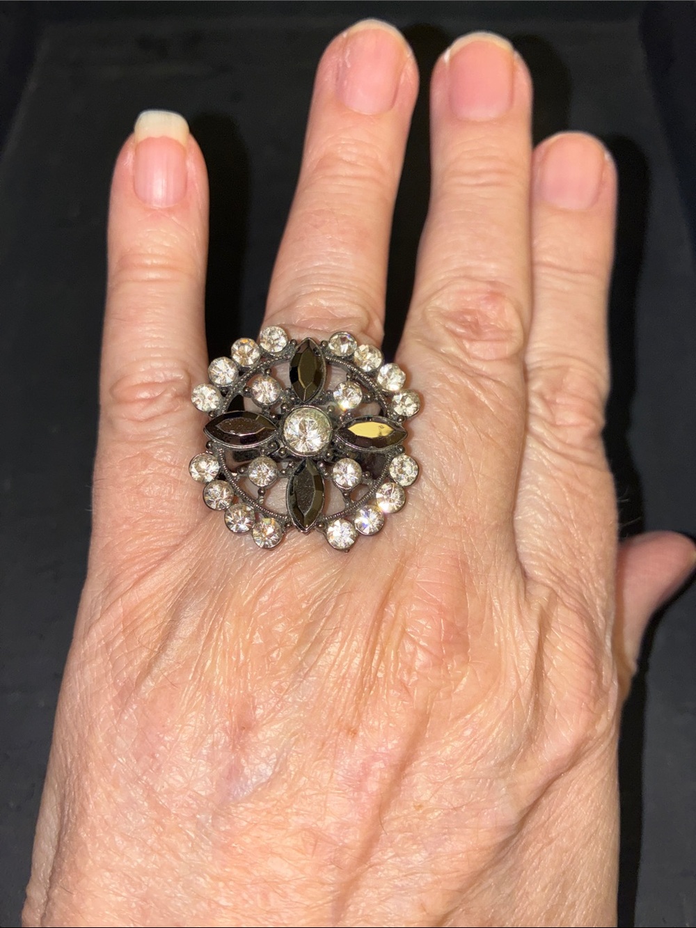 Crystal Cluster Statement Stretch Ring - Black and Clear